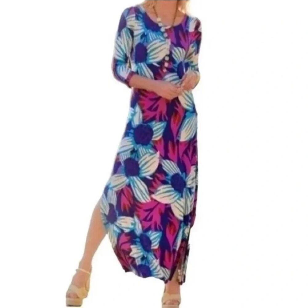 NWT Soft Surroundings Serena Maxi Dress Blue Multi Floral Slits Boho Spring L